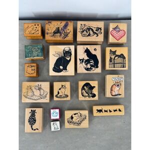 Vintage Rubber Stamps Wood Mounted Cat Themed Lot of 18 1980s Cat Lady